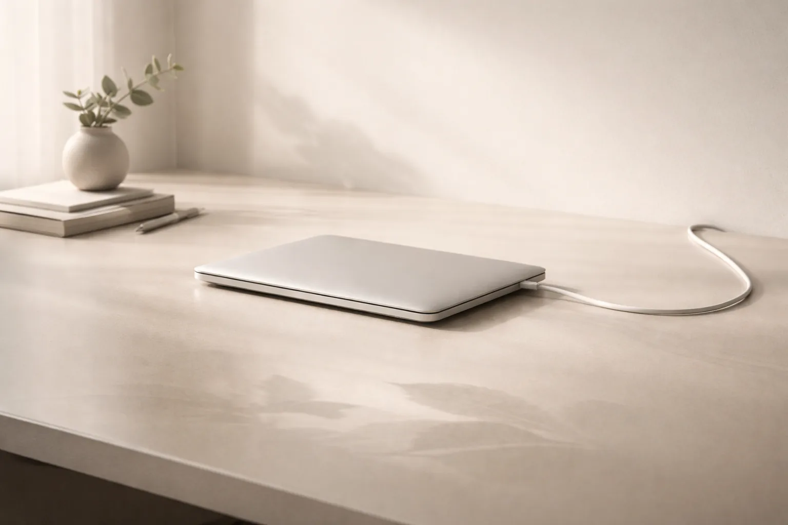 Calm, minimal workspace scene suggesting digital clarity and less stress, with a subtle New Zealand detail.