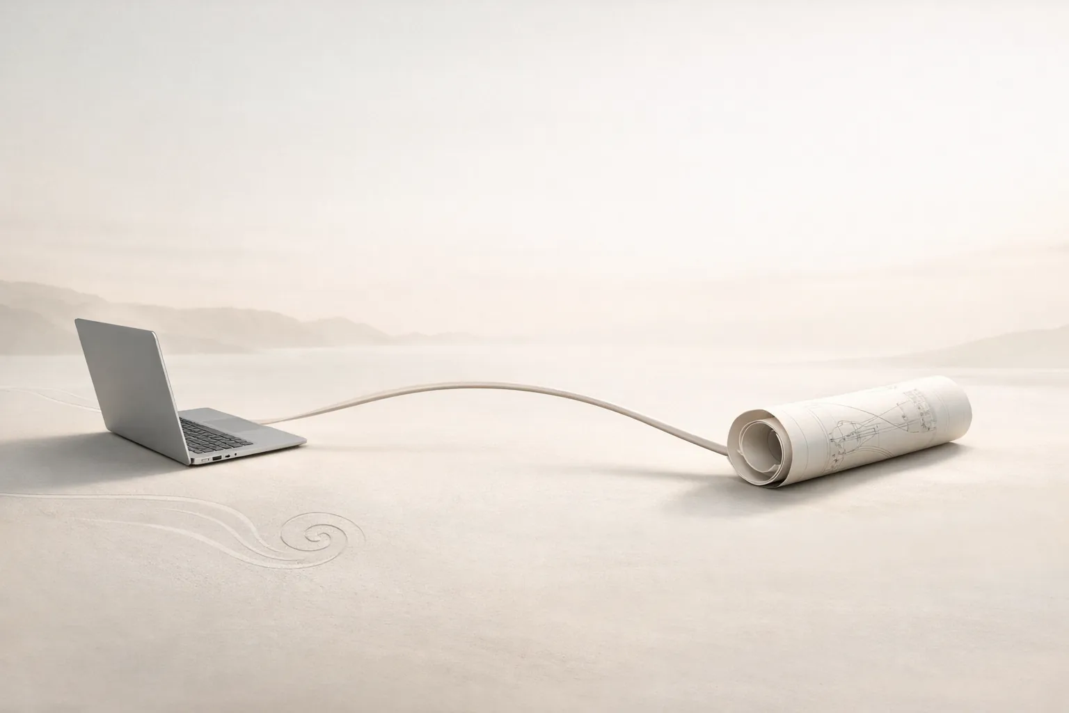Two connected elements linked by a single clean line, calm neutral tones, representing direct collaboration.