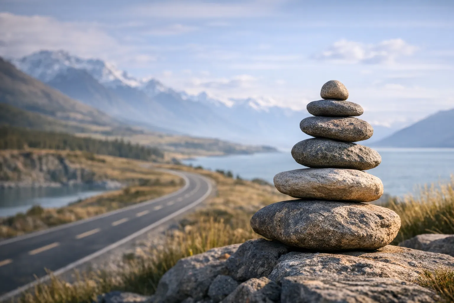 Balanced stones beside a winding road and distant mountains, suggesting steady long-term progress