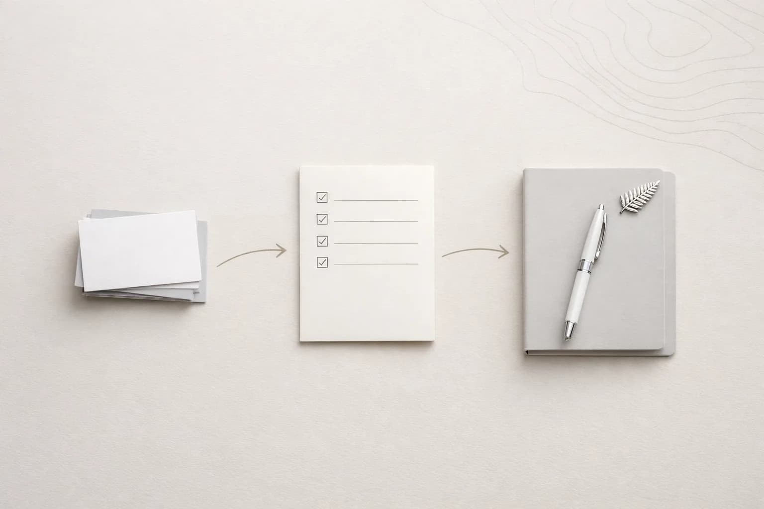 Organised elements moving forward in a calm sequence, with a subtle silver fern detail and soft neutral tones.