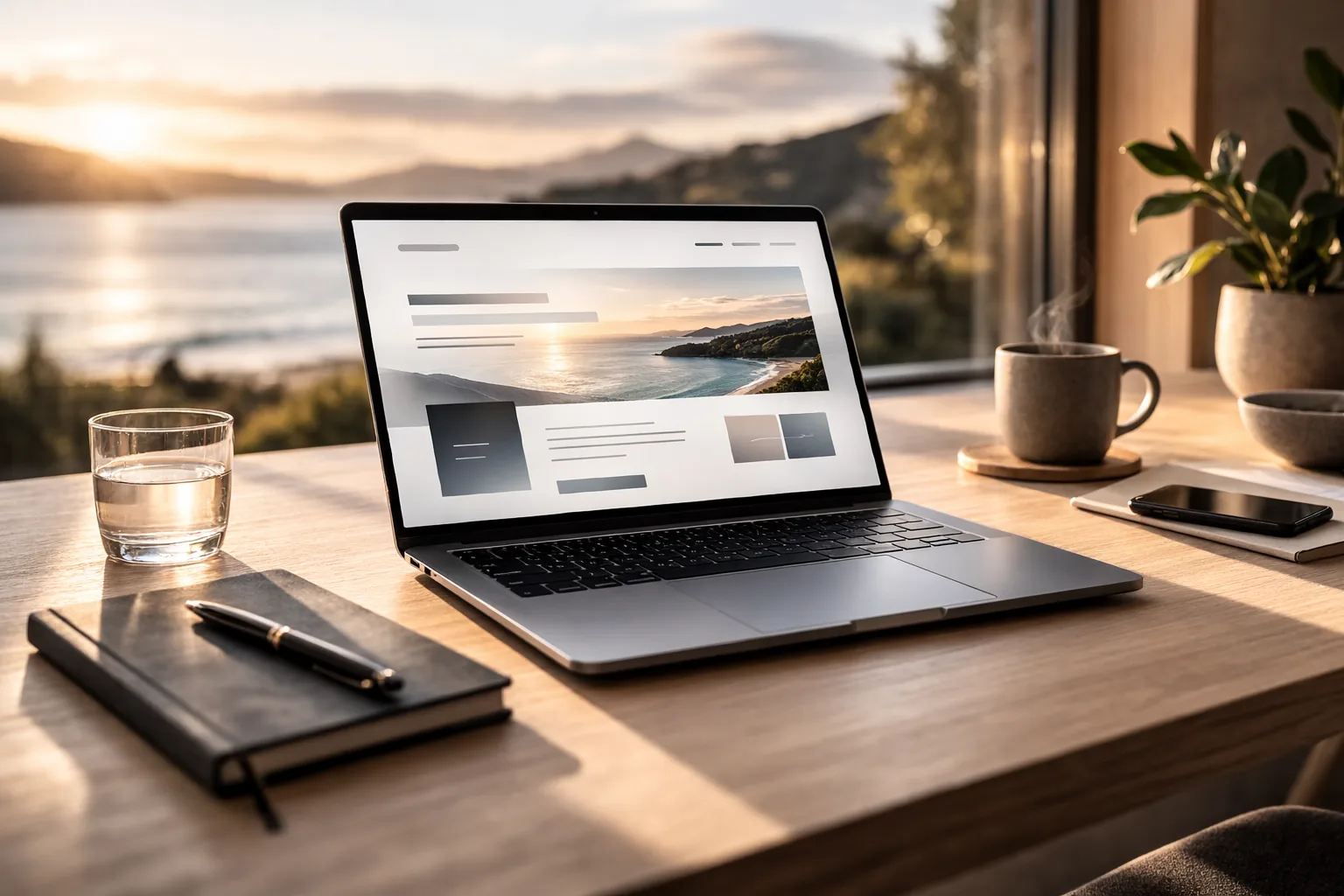 Clean, modern laptop workspace in soft NZ coastal light, representing a digital presence that matches real-world quality