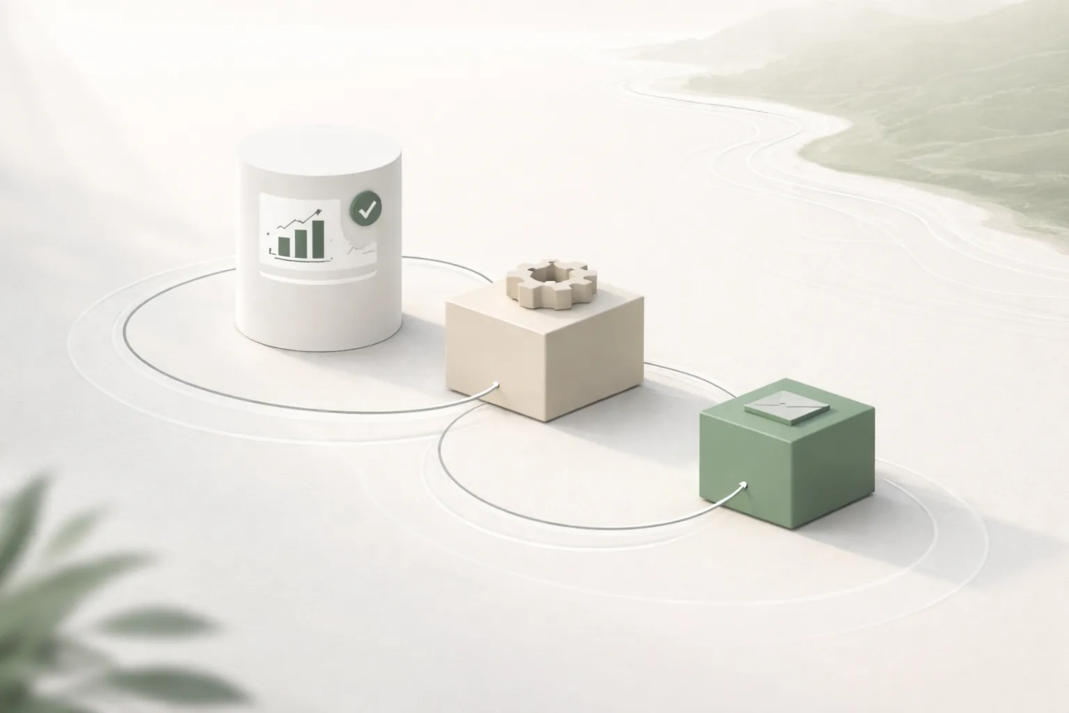 Abstract connected workflow blocks with calm lines, suggesting clearer operations and control.