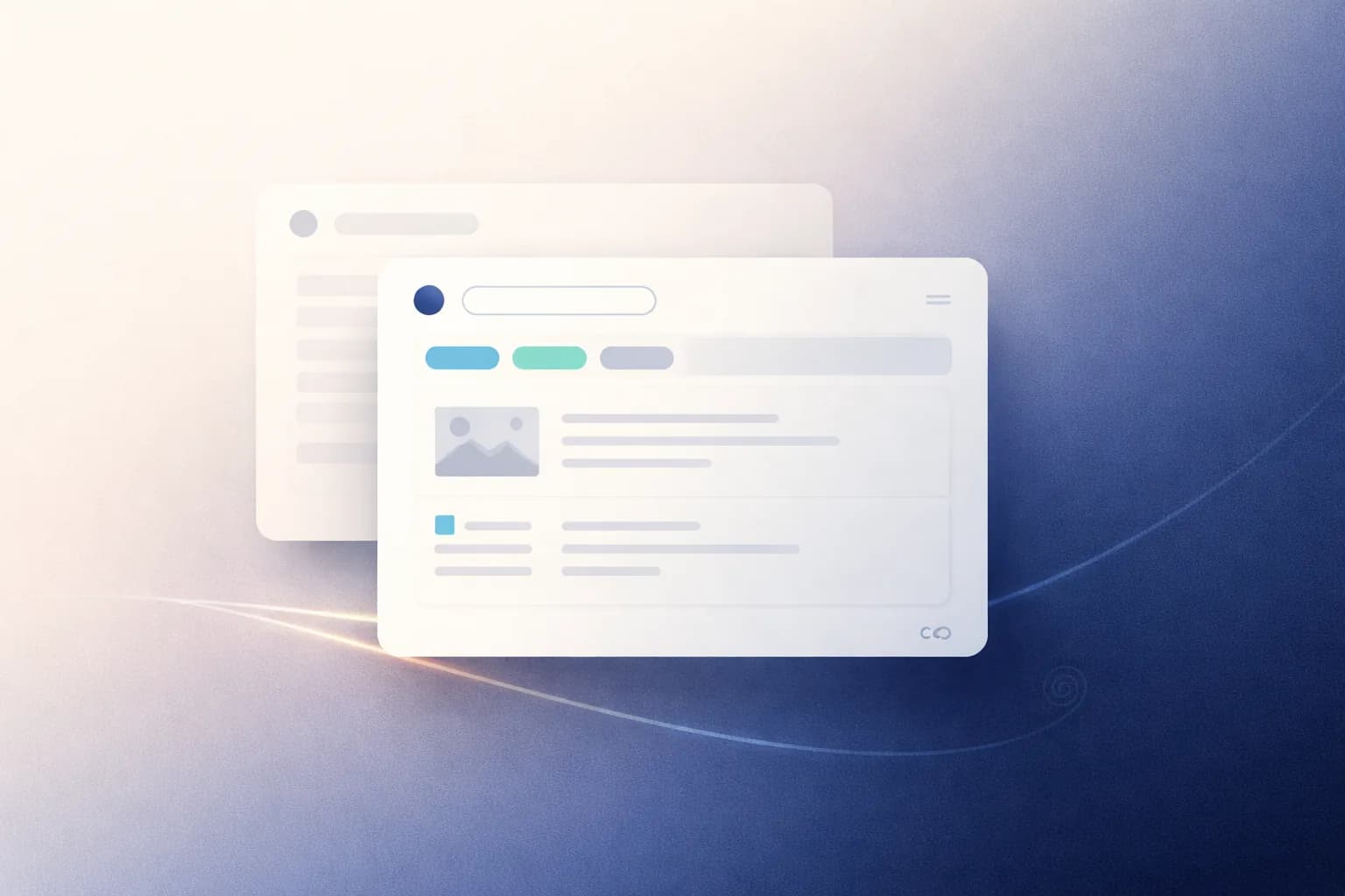 Layered interface cards on a calm background, suggesting a fast, trustworthy digital experience and progression.