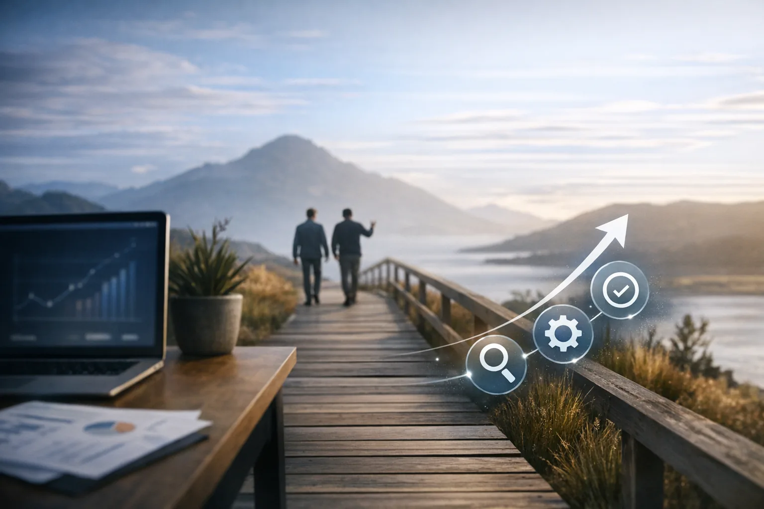 Two people walking a boardwalk towards a calm NZ mountain view, suggesting trusted guidance and steady digital progress.