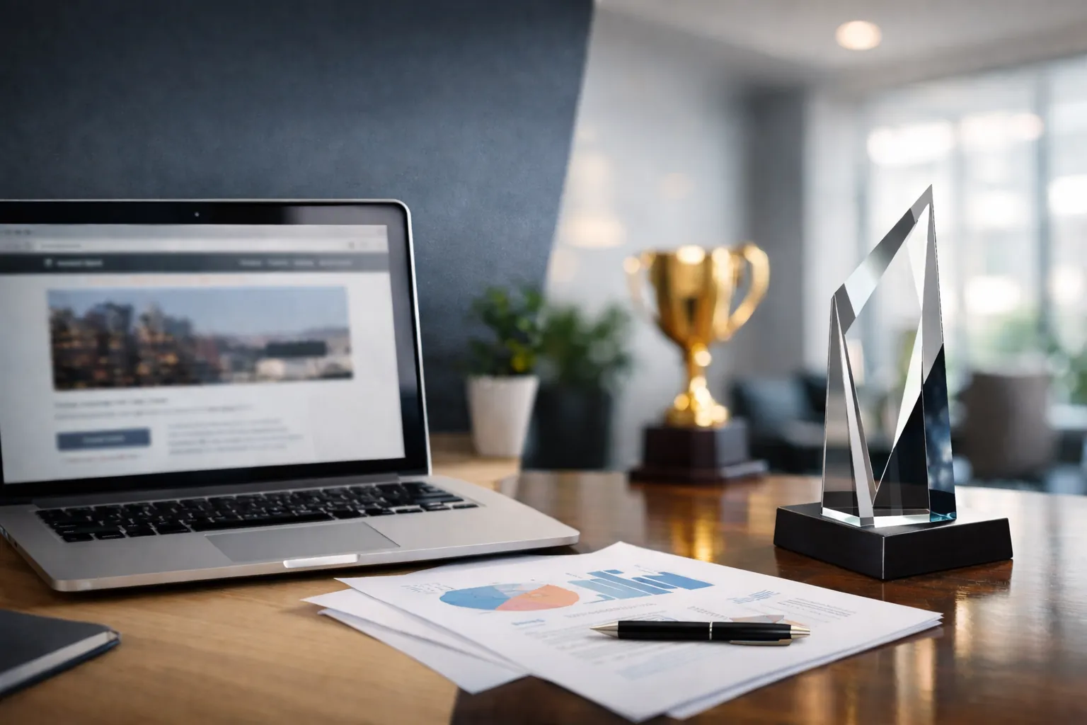 A laptop showing a dated-looking website beside a glass award, illustrating the gap between quality and credibility. 